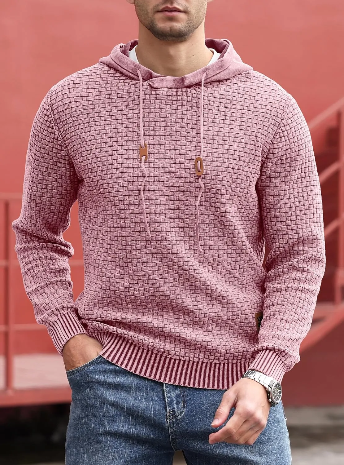 Zaitun Mens Acid Wash Cotton Hoodies Pullover Sweatshirt Long Sleeve Waffle Hoodies Streetwear