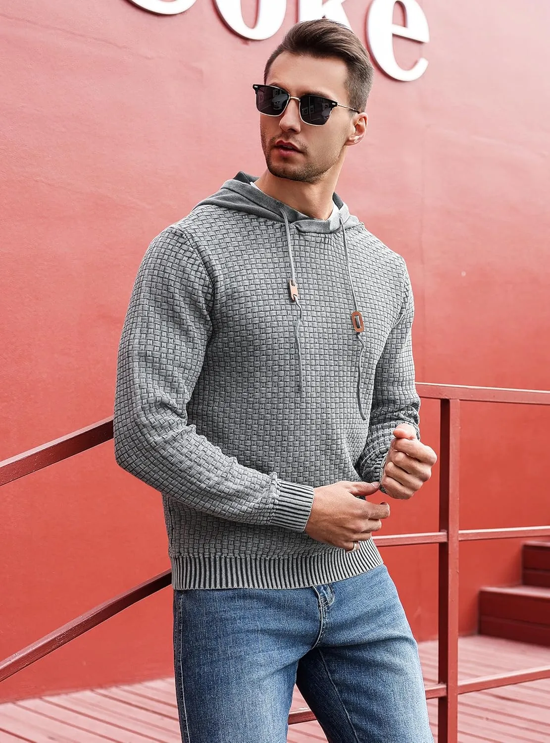 Zaitun Mens Acid Wash Cotton Hoodies Pullover Sweatshirt Long Sleeve Waffle Hoodies Streetwear