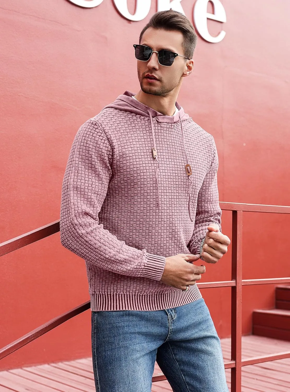 Zaitun Mens Acid Wash Cotton Hoodies Pullover Sweatshirt Long Sleeve Waffle Hoodies Streetwear