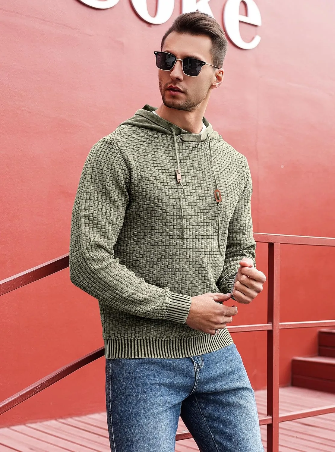 Zaitun Mens Acid Wash Cotton Hoodies Pullover Sweatshirt Long Sleeve Waffle Hoodies Streetwear