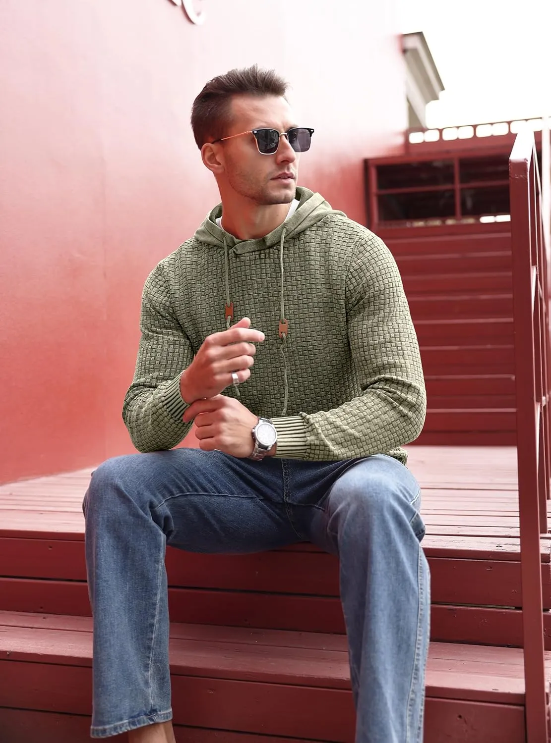 Zaitun Mens Acid Wash Cotton Hoodies Pullover Sweatshirt Long Sleeve Waffle Hoodies Streetwear