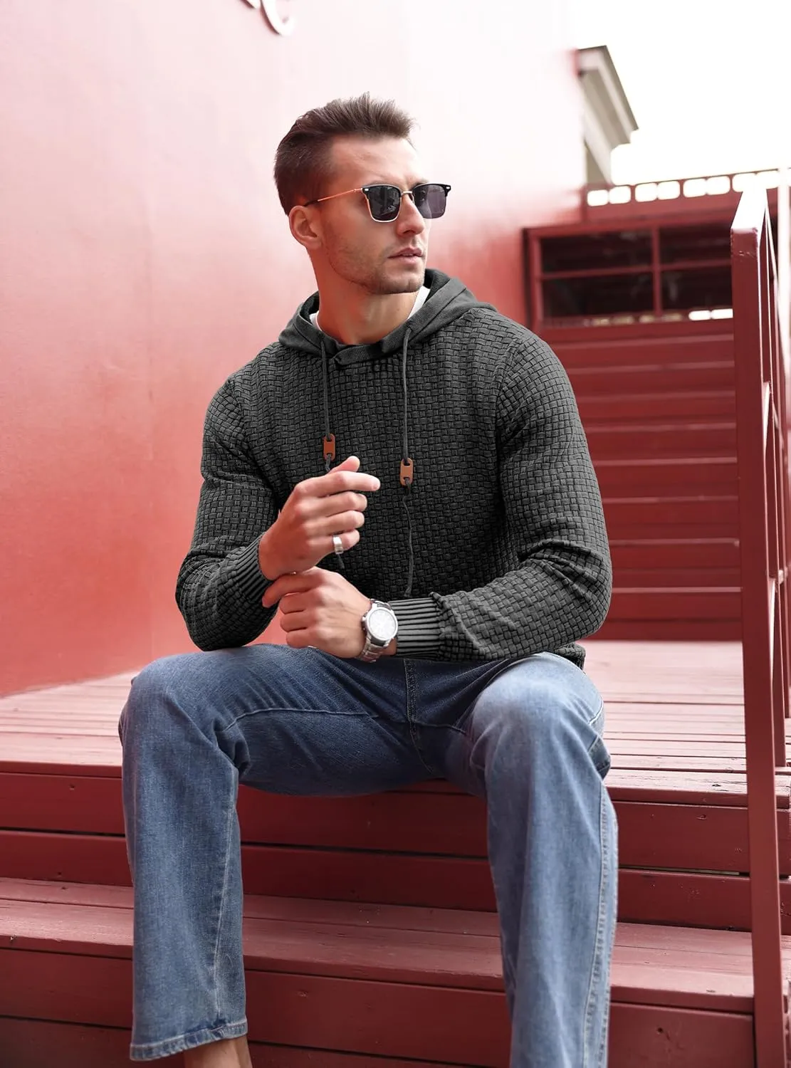 Zaitun Mens Acid Wash Cotton Hoodies Pullover Sweatshirt Long Sleeve Waffle Hoodies Streetwear