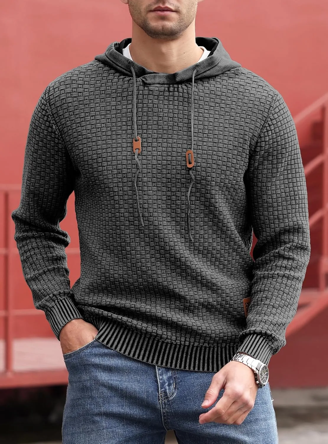 Zaitun Mens Acid Wash Cotton Hoodies Pullover Sweatshirt Long Sleeve Waffle Hoodies Streetwear