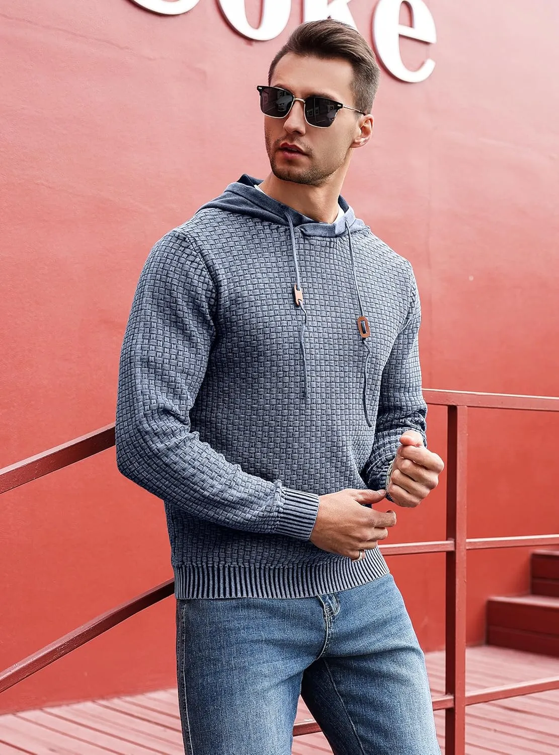 Zaitun Mens Acid Wash Cotton Hoodies Pullover Sweatshirt Long Sleeve Waffle Hoodies Streetwear
