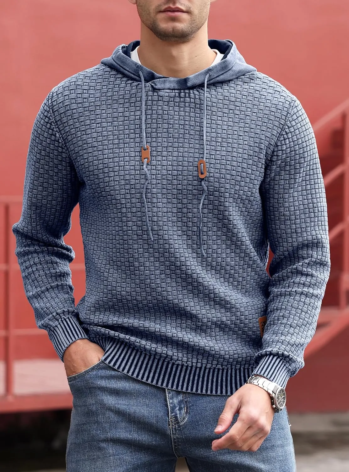 Zaitun Mens Acid Wash Cotton Hoodies Pullover Sweatshirt Long Sleeve Waffle Hoodies Streetwear
