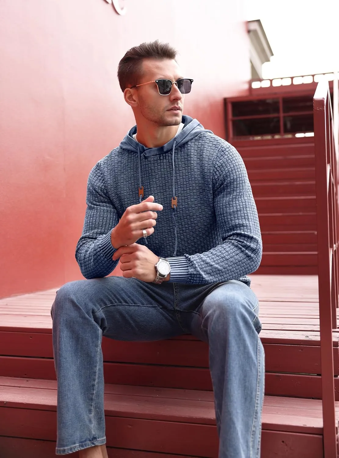 Zaitun Mens Acid Wash Cotton Hoodies Pullover Sweatshirt Long Sleeve Waffle Hoodies Streetwear