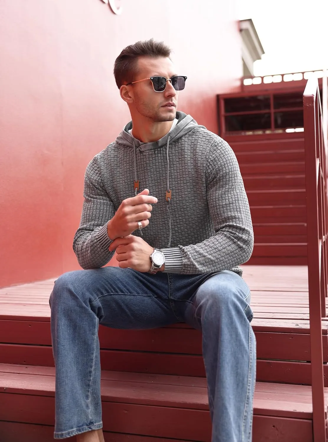 Zaitun Mens Acid Wash Cotton Hoodies Pullover Sweatshirt Long Sleeve Waffle Hoodies Streetwear