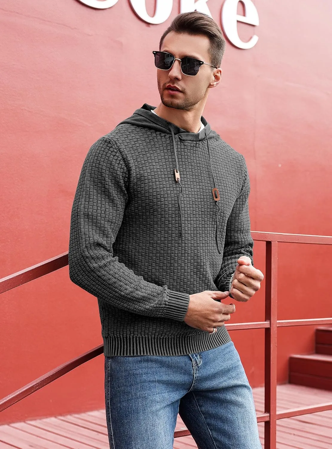 Zaitun Mens Acid Wash Cotton Hoodies Pullover Sweatshirt Long Sleeve Waffle Hoodies Streetwear