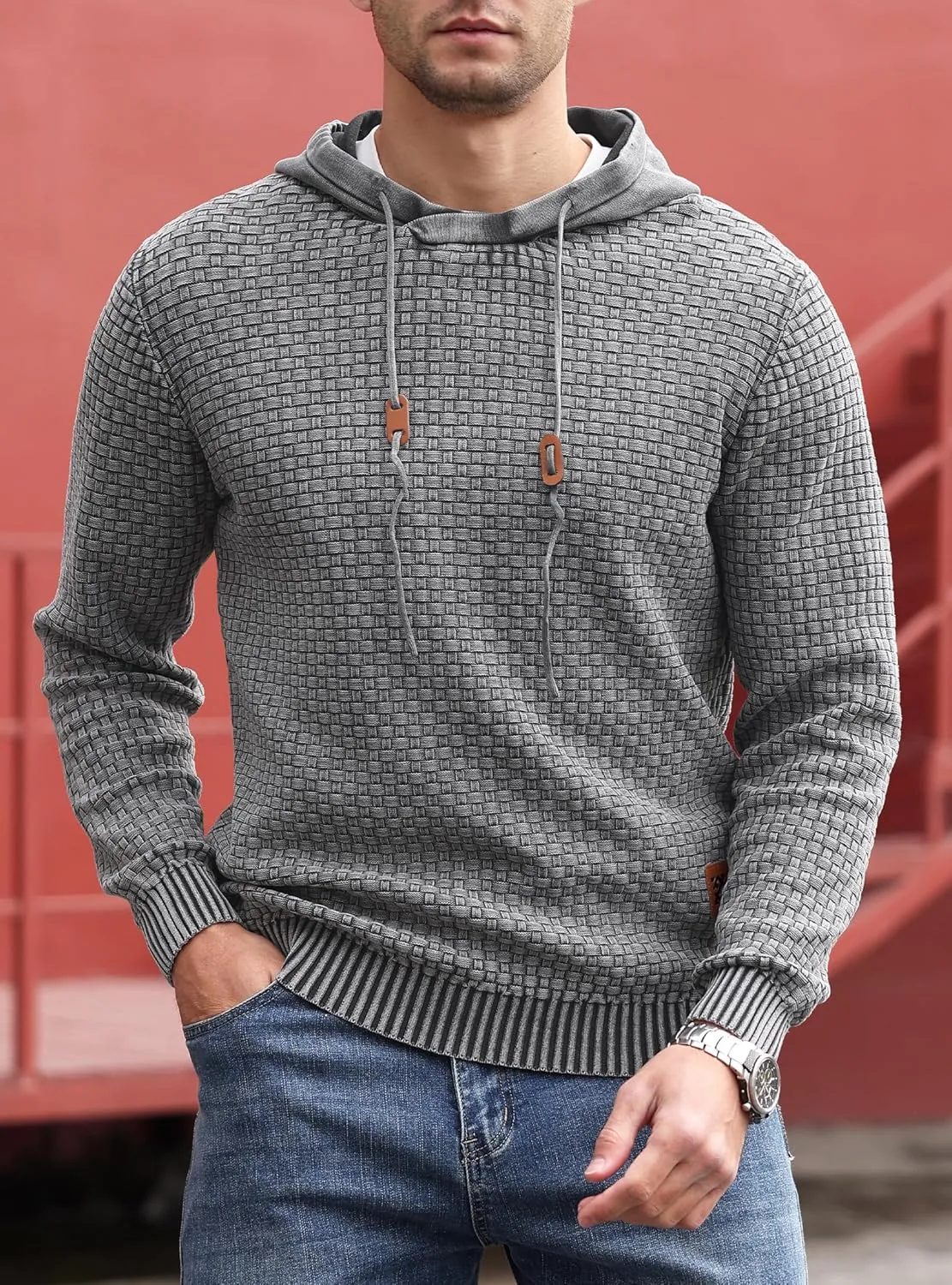 Zaitun Mens Acid Wash Cotton Hoodies Pullover Sweatshirt Long Sleeve Waffle Hoodies Streetwear