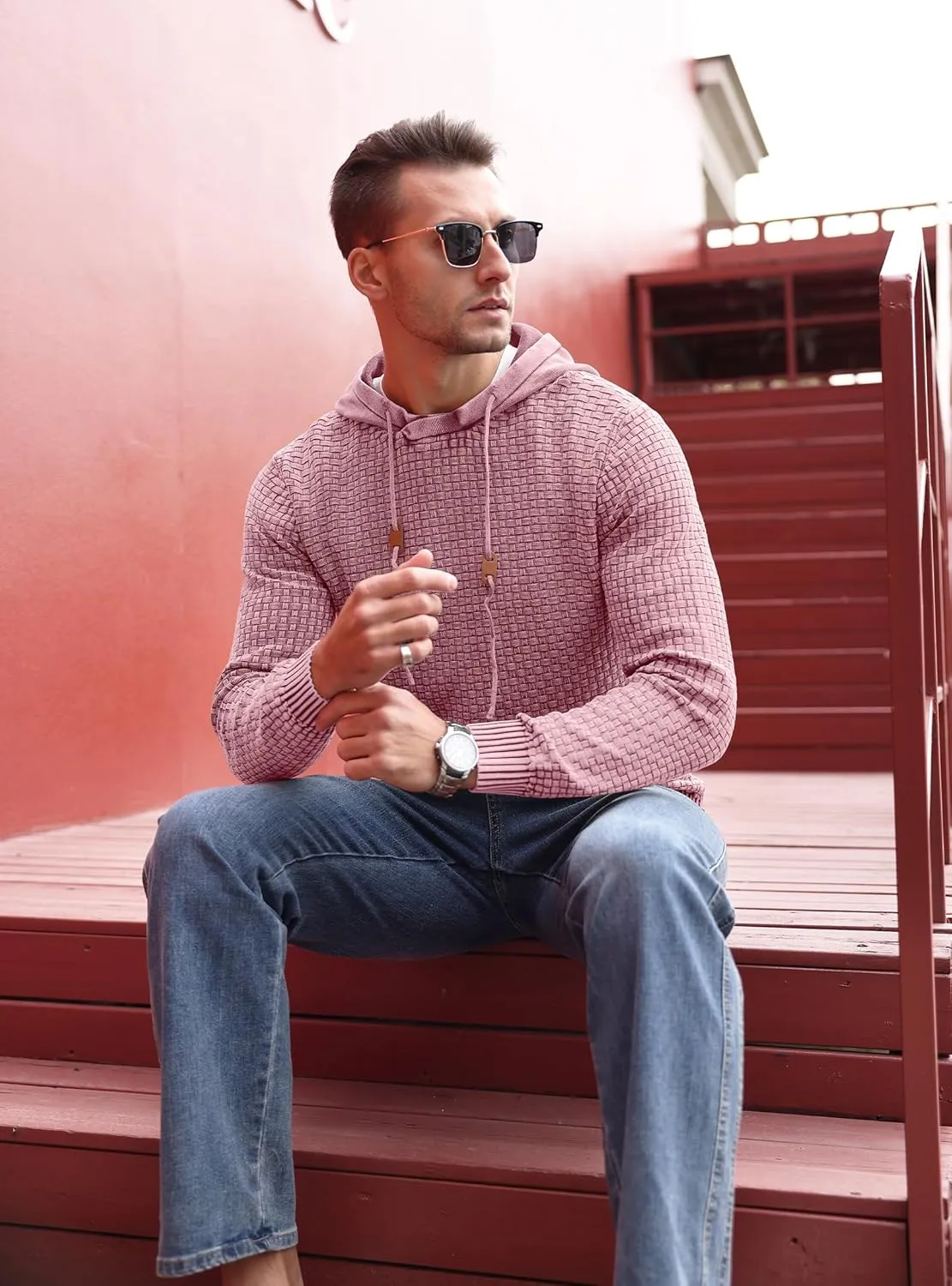 Zaitun Mens Acid Wash Cotton Hoodies Pullover Sweatshirt Long Sleeve Waffle Hoodies Streetwear