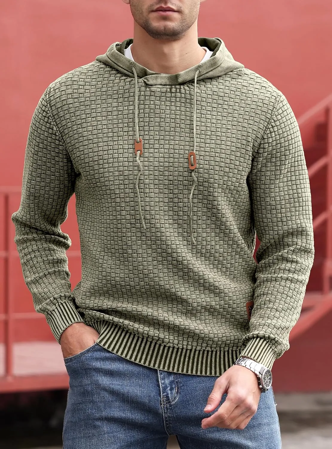 Zaitun Mens Acid Wash Cotton Hoodies Pullover Sweatshirt Long Sleeve Waffle Hoodies Streetwear