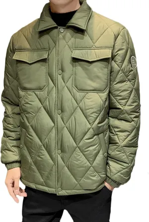 Zeiyignr Men's Diamond Quilted Puffer Down Jacket Lightweight Business Casual Button Down Shirts Lightweight Winter Warm Coat