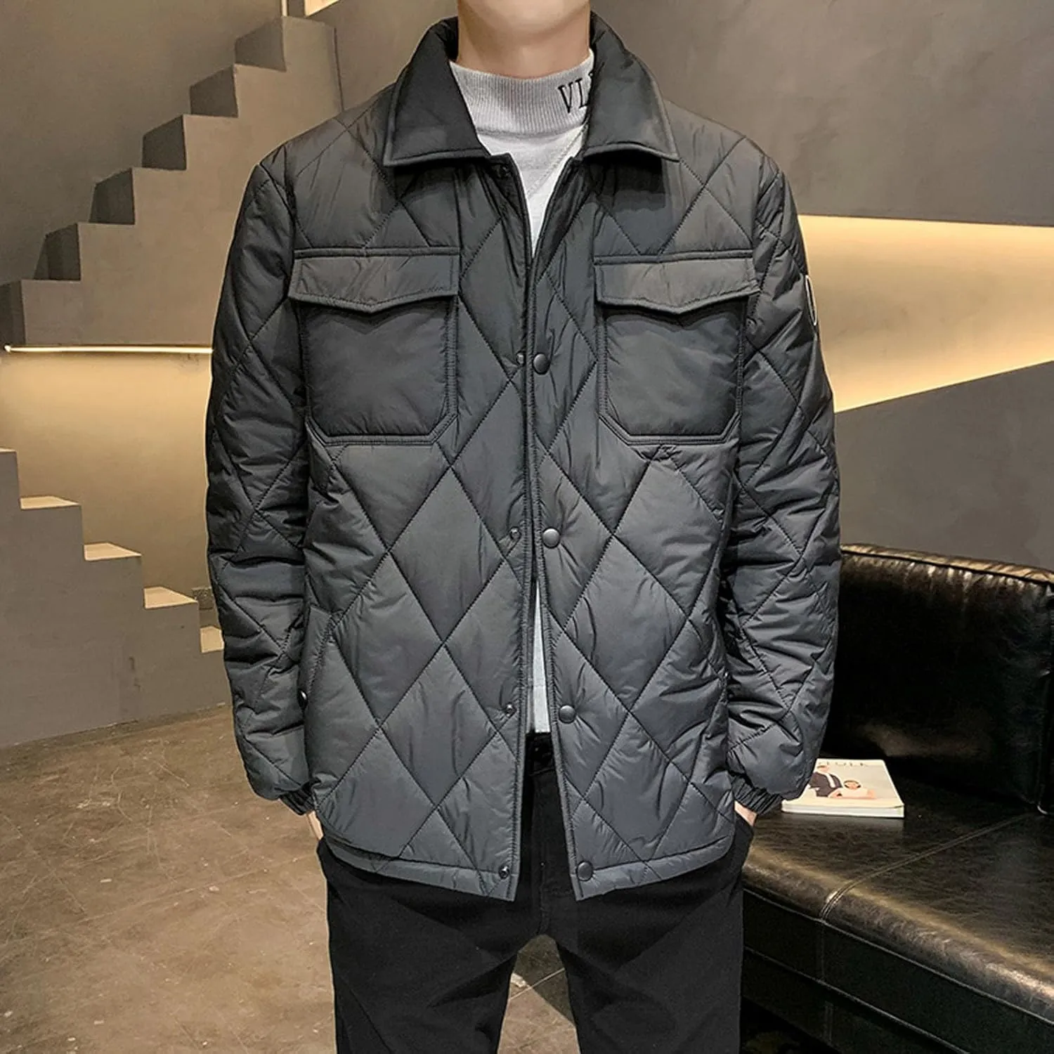 Zeiyignr Men's Diamond Quilted Puffer Down Jacket Lightweight Business Casual Button Down Shirts Lightweight Winter Warm Coat