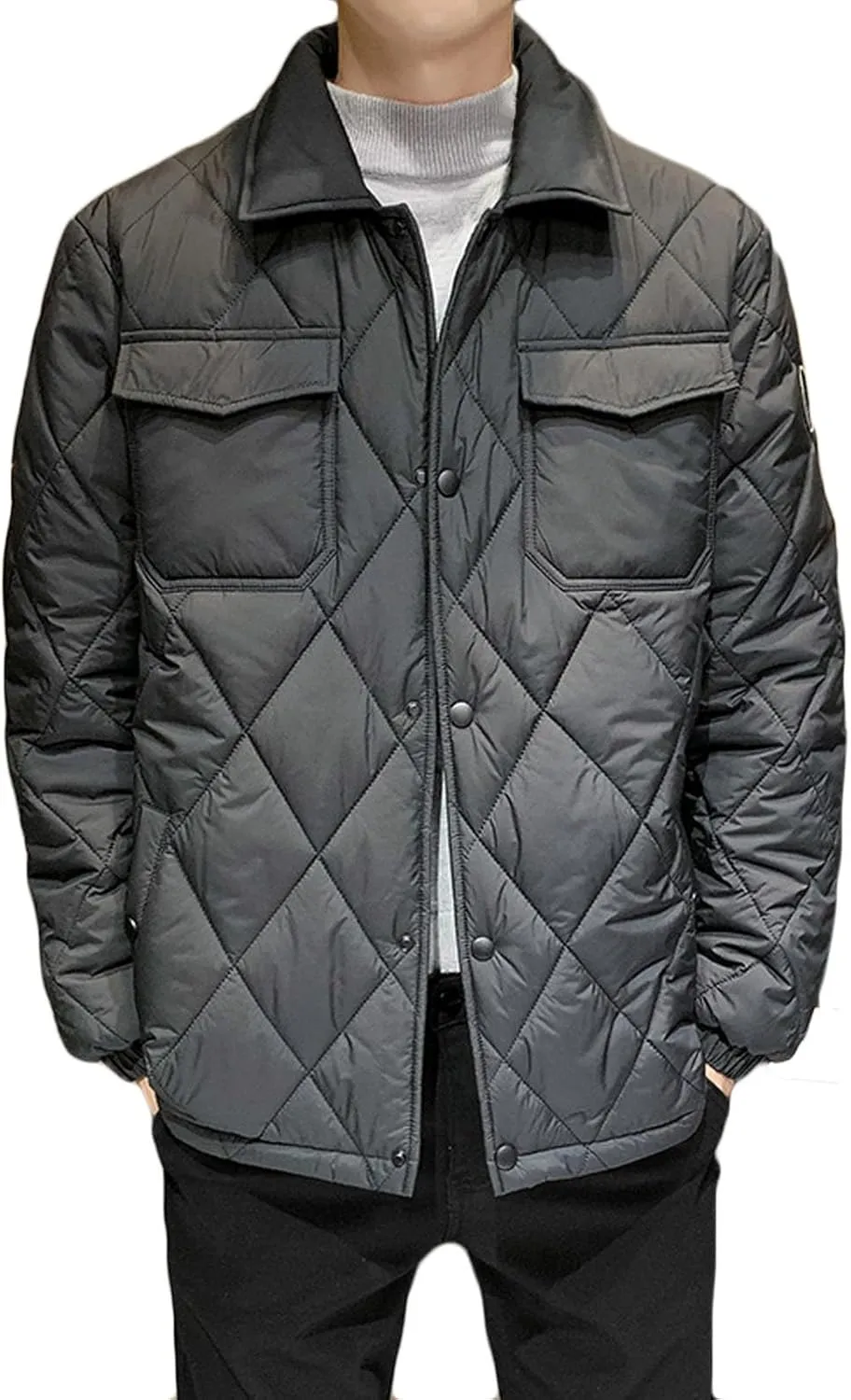 Zeiyignr Men's Diamond Quilted Puffer Down Jacket Lightweight Business Casual Button Down Shirts Lightweight Winter Warm Coat