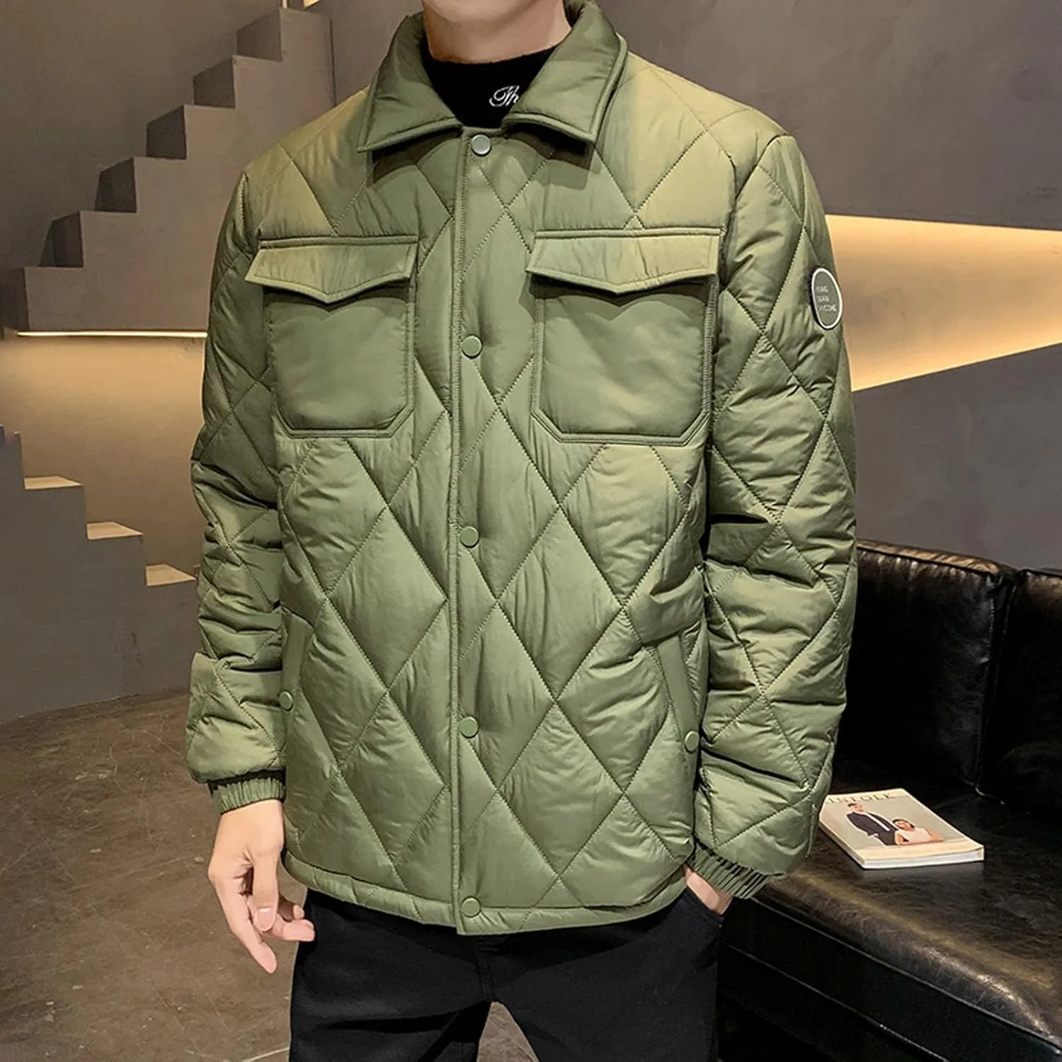Zeiyignr Men's Diamond Quilted Puffer Down Jacket Lightweight Business Casual Button Down Shirts Lightweight Winter Warm Coat