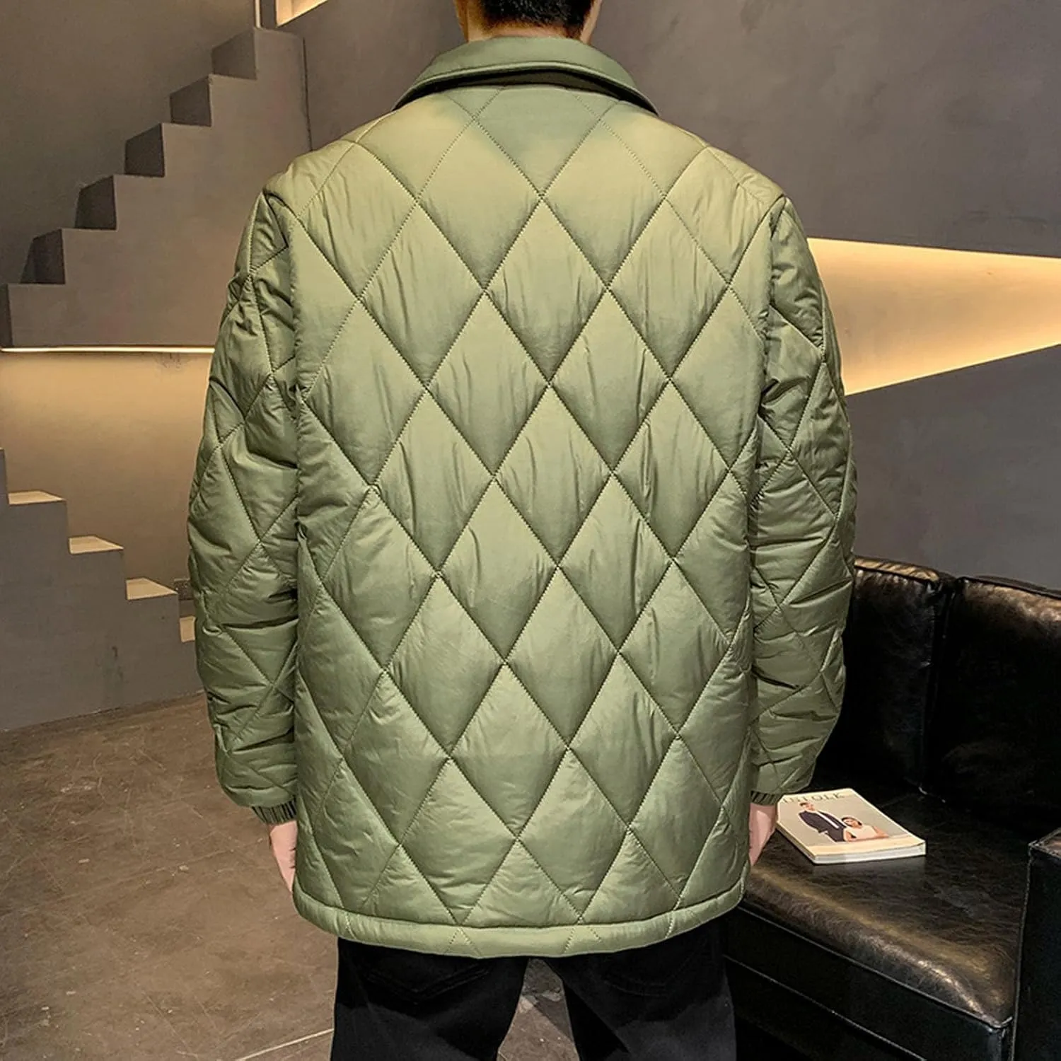 Zeiyignr Men's Diamond Quilted Puffer Down Jacket Lightweight Business Casual Button Down Shirts Lightweight Winter Warm Coat