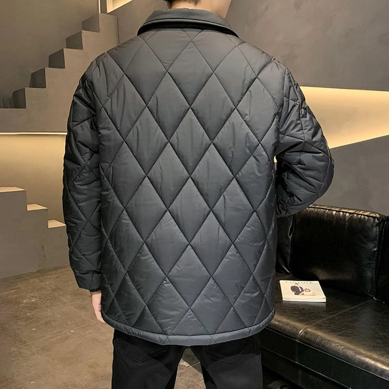 Zeiyignr Men's Diamond Quilted Puffer Down Jacket Lightweight Business Casual Button Down Shirts Lightweight Winter Warm Coat