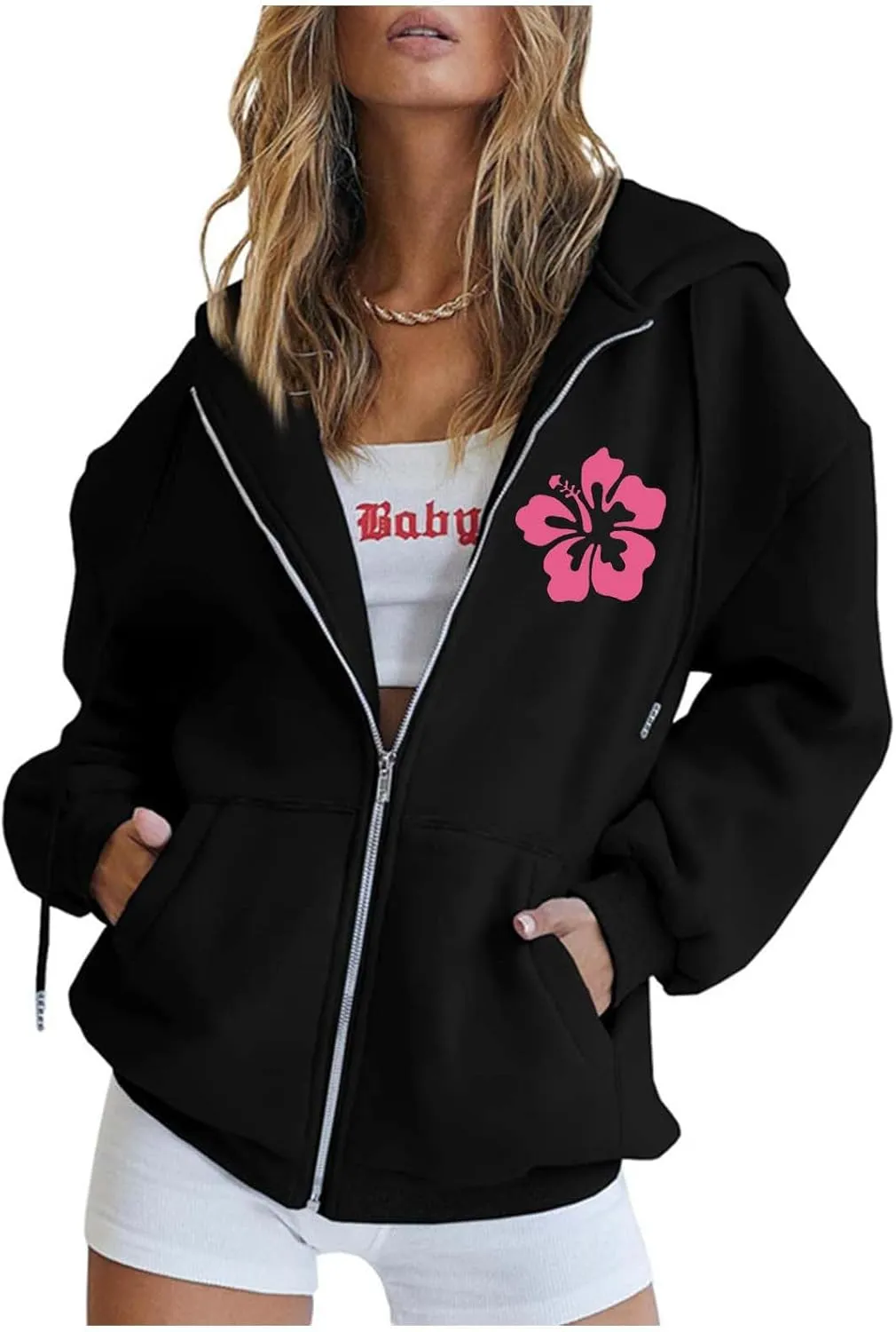 Zip Up Hoodie Women Letter Print Casual Graphic Sweatshirts Drawstring Long Sleeve Cardigan Cute Oversized Tops