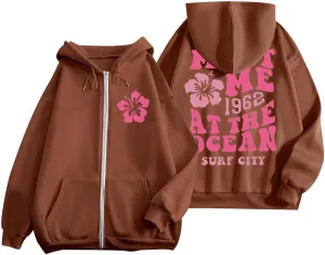 Zip Up Hoodie Women Letter Print Casual Graphic Sweatshirts Drawstring Long Sleeve Cardigan Cute Oversized Tops