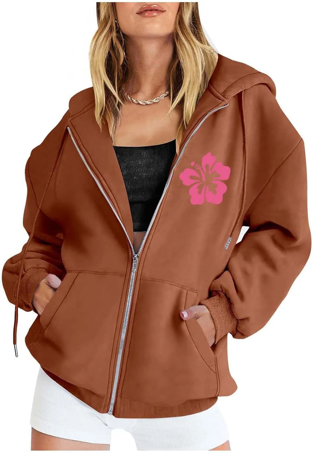 Zip Up Hoodie Women Letter Print Casual Graphic Sweatshirts Drawstring Long Sleeve Cardigan Cute Oversized Tops