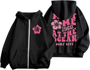 Zip Up Hoodie Women Letter Print Casual Graphic Sweatshirts Drawstring Long Sleeve Cardigan Cute Oversized Tops