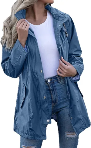 ZYXTIM Women's Waterproof Lightweight Rain Jackets Zipper Casual Classic Running Hooded Windbreaker with Pockets Drawstring